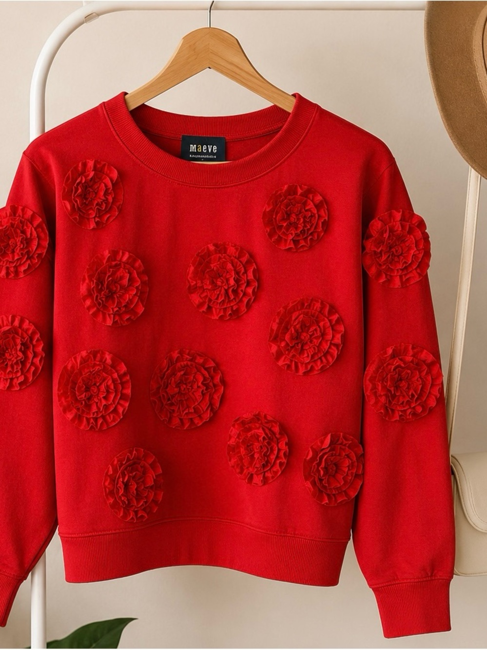 Anthropologie Maeve Red Rosette Floral Cropped Sweatshirt XL Coquette Romantic